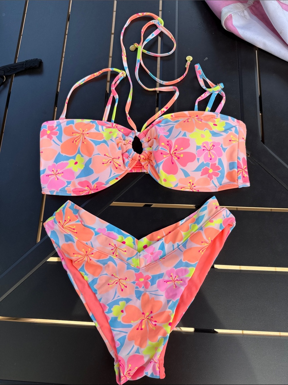 Floral Bandeau Bikini Set in Coral, Pink & Blue